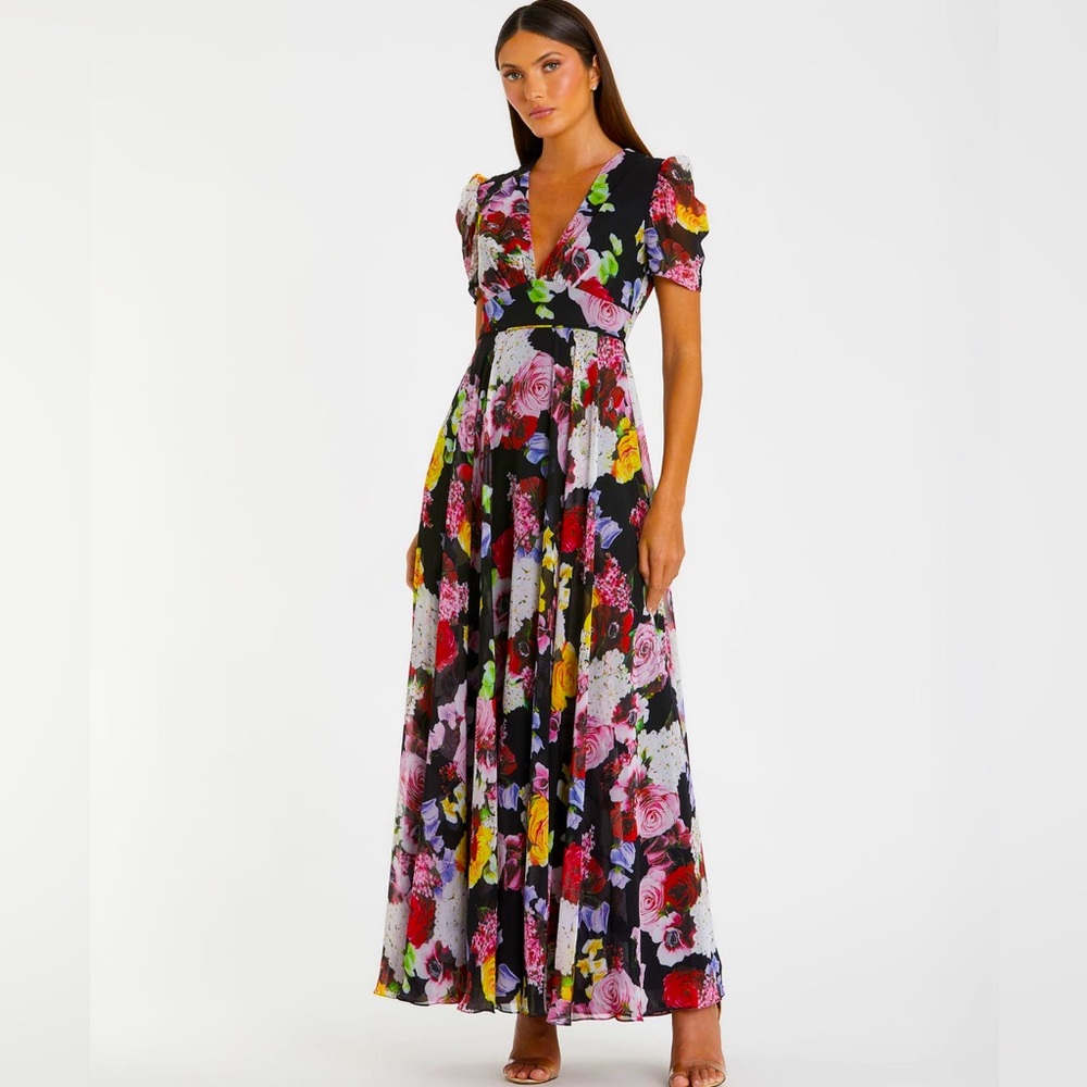 IEENA FOR MAC DUGGAL Floral Print Mesh Cap Sleeve Gown size 14